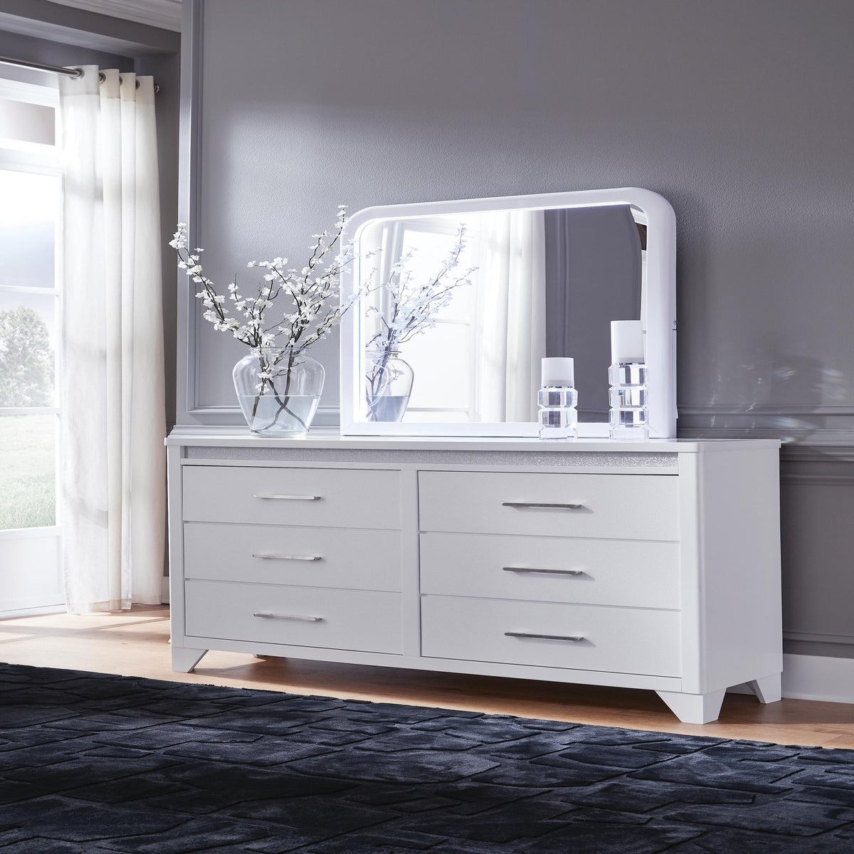 Jarlee Queen Upholstered Panel Bed, Dresser and Mirror (PCB392-SI) - Image 4