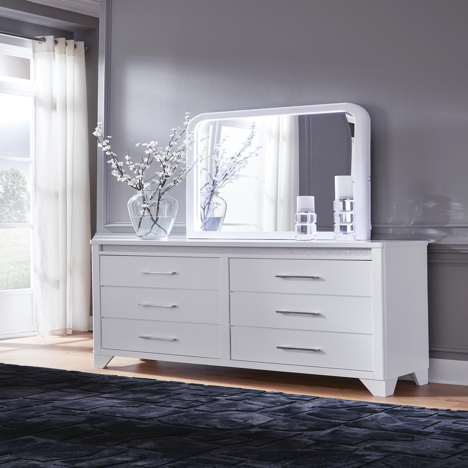 Jarlee Queen Upholstered Panel Bed, Dresser and Mirror (PCB392-SI) - Image 4