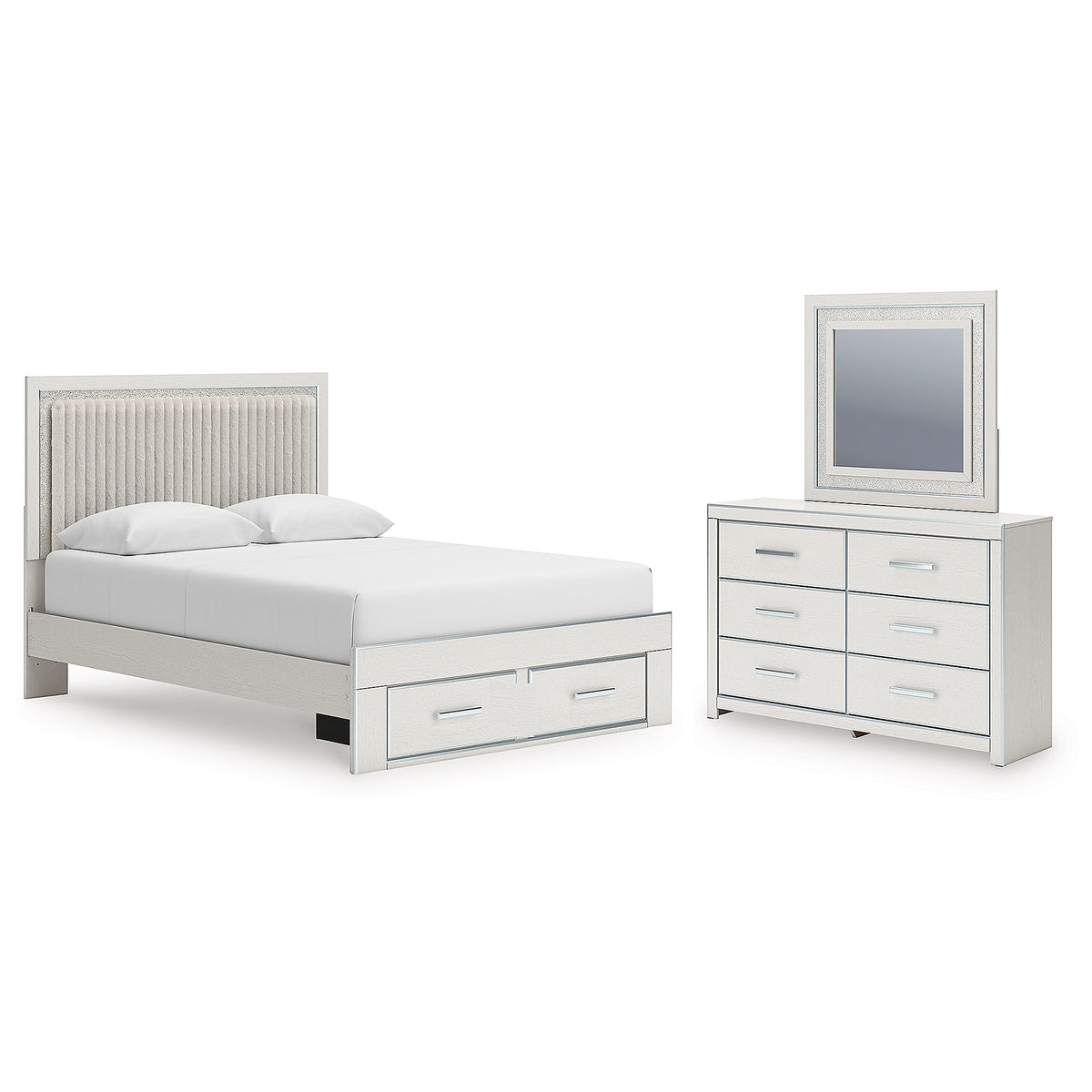 Zuraleus Queen Upholstered Panel Platform Storage Bed, Dresser and Mirror (PCB3381-SI)