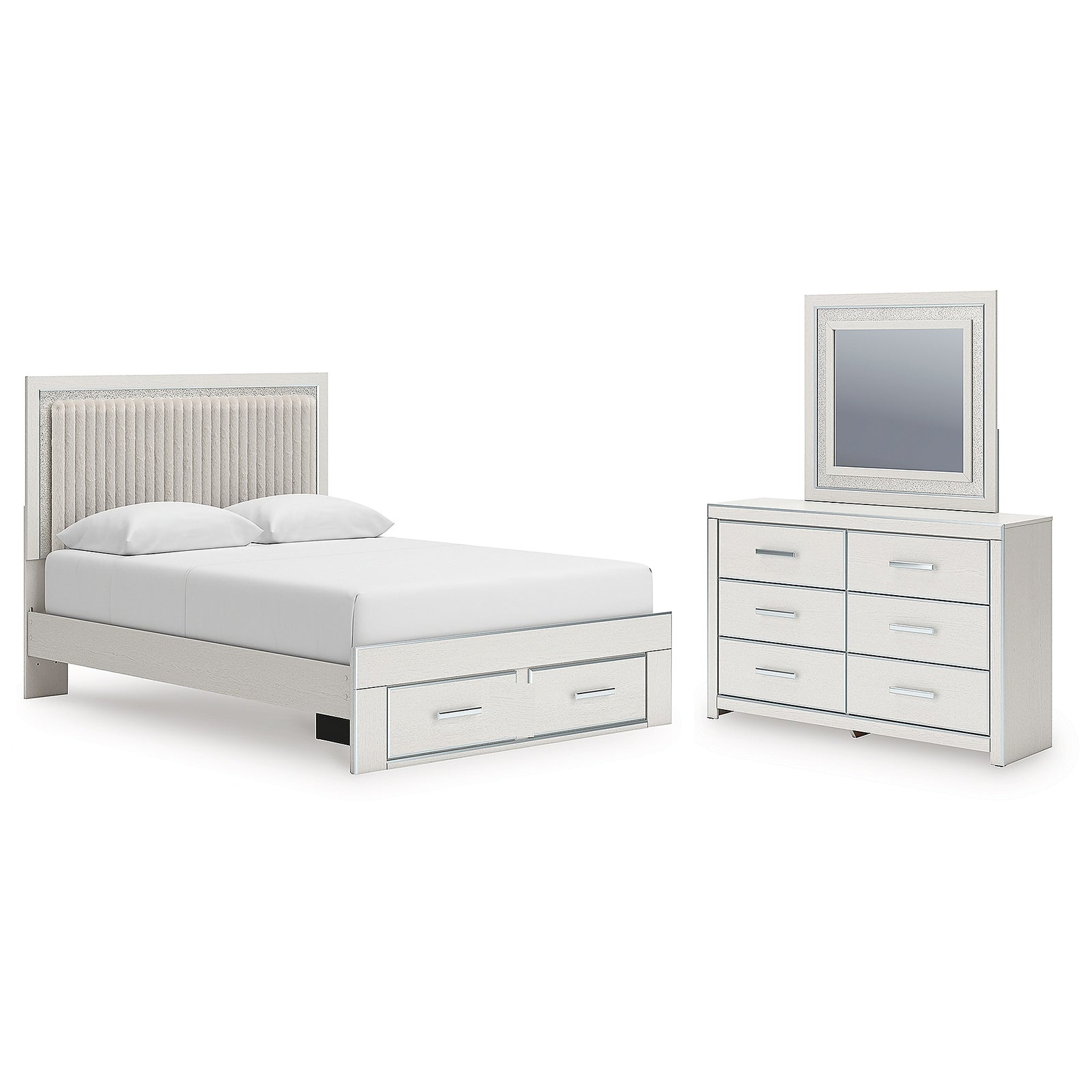 Zuraleus Queen Upholstered Panel Platform Storage Bed, Dresser and Mirror (PCB3381-SI)