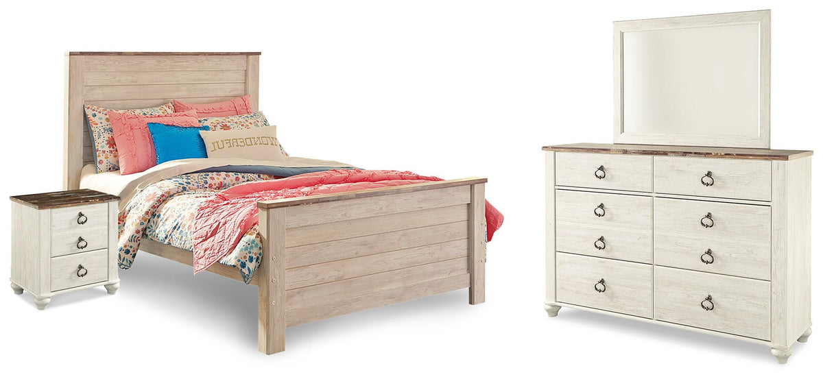 Willowton Panel Bed, Dresser, Mirror, Chest and Nightstand - Whitewash  (B267-SI)