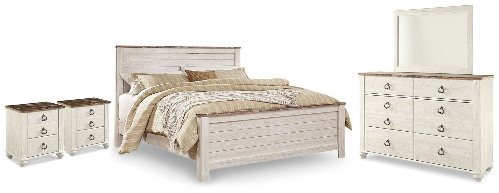 Willowton Panel Bed, Dresser, Mirror and 2 Nightstands (B267-SI)