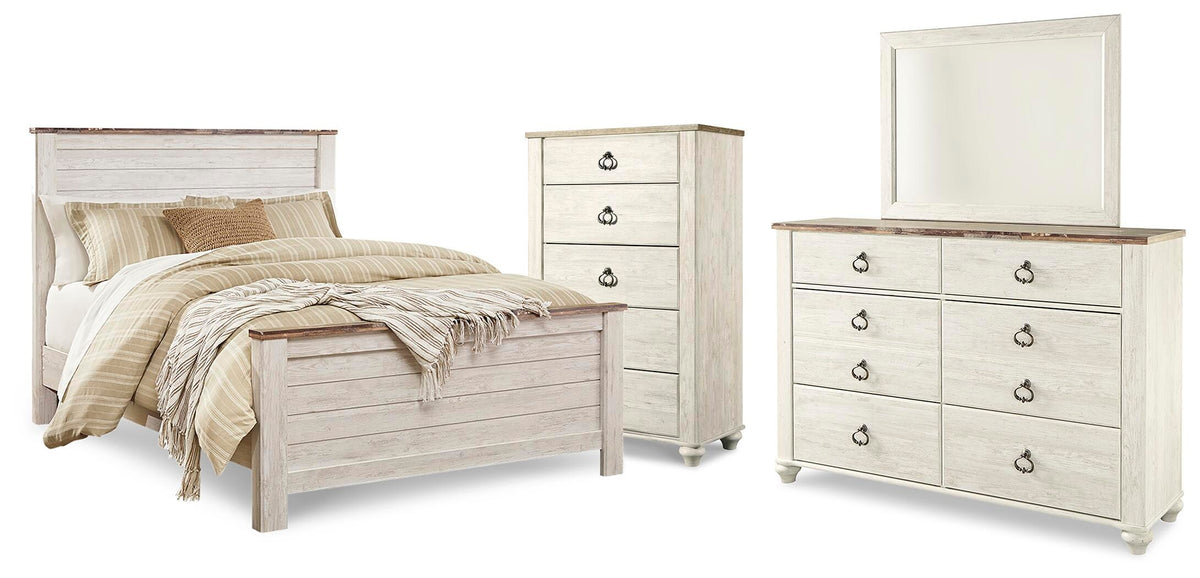 Willowton Panel Bed, Dresser, Mirror and Chest (B267-SI)