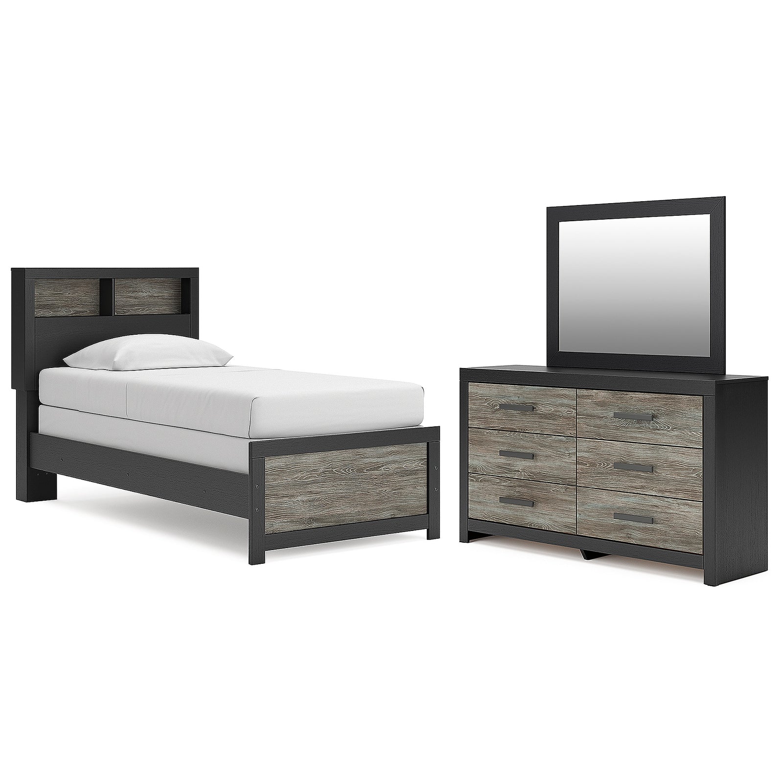 Broachmyn Twin Bookcase Bed, Dresser and Mirror (PCB1118-SI)