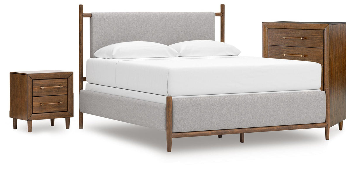 Lyncott Upholstered Bed, Chest and Nightstand - Brown  (B615-SI)
