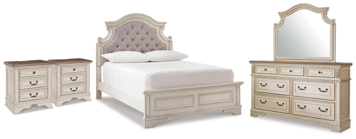 Realyn Upholstered Panel Bed, Dresser, Mirror and 2 Nightstands (B743-SI)