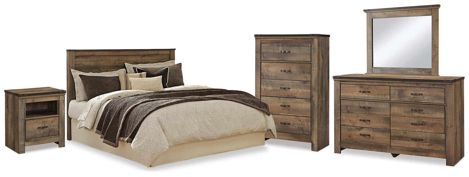 Trinell Panel Headboard, Dresser, Mirror, Chest and Nightstand - Brown  (B446-SI)