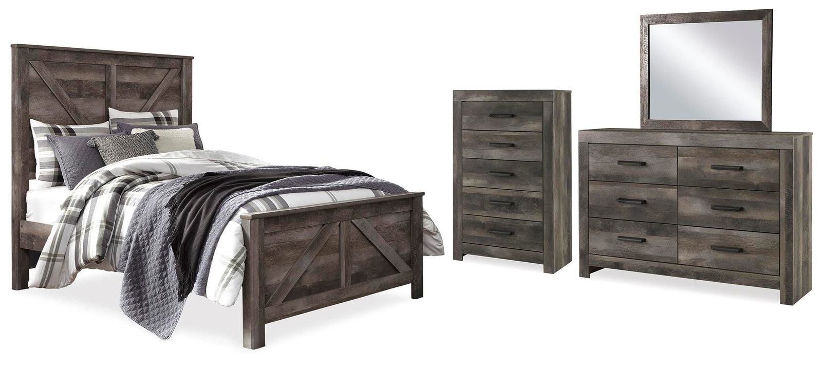 Wynnlow Crossbuck Panel Bed, Dresser, Mirror and Chest - Gray  (B440-SI)