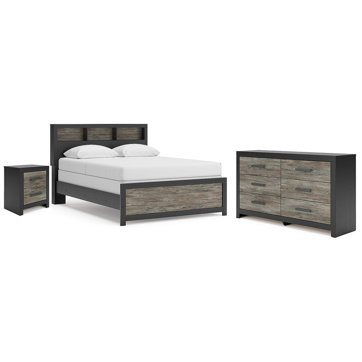 Broachmyn Queen Bookcase Panel Bed, Dresser and Nightstand (PCB1118-SI)
