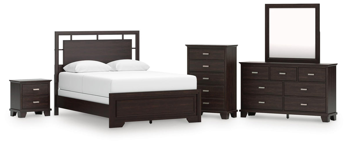 Covetown Panel Bed, Dresser, Mirror, Chest and Nightstand - Dark Brown  (B441-SI)