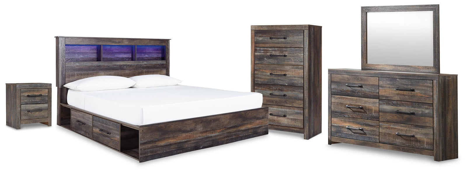 Drystan Bookcase Storage Bed, Dresser, Mirror, Chest and Nightstand (B211-SI)