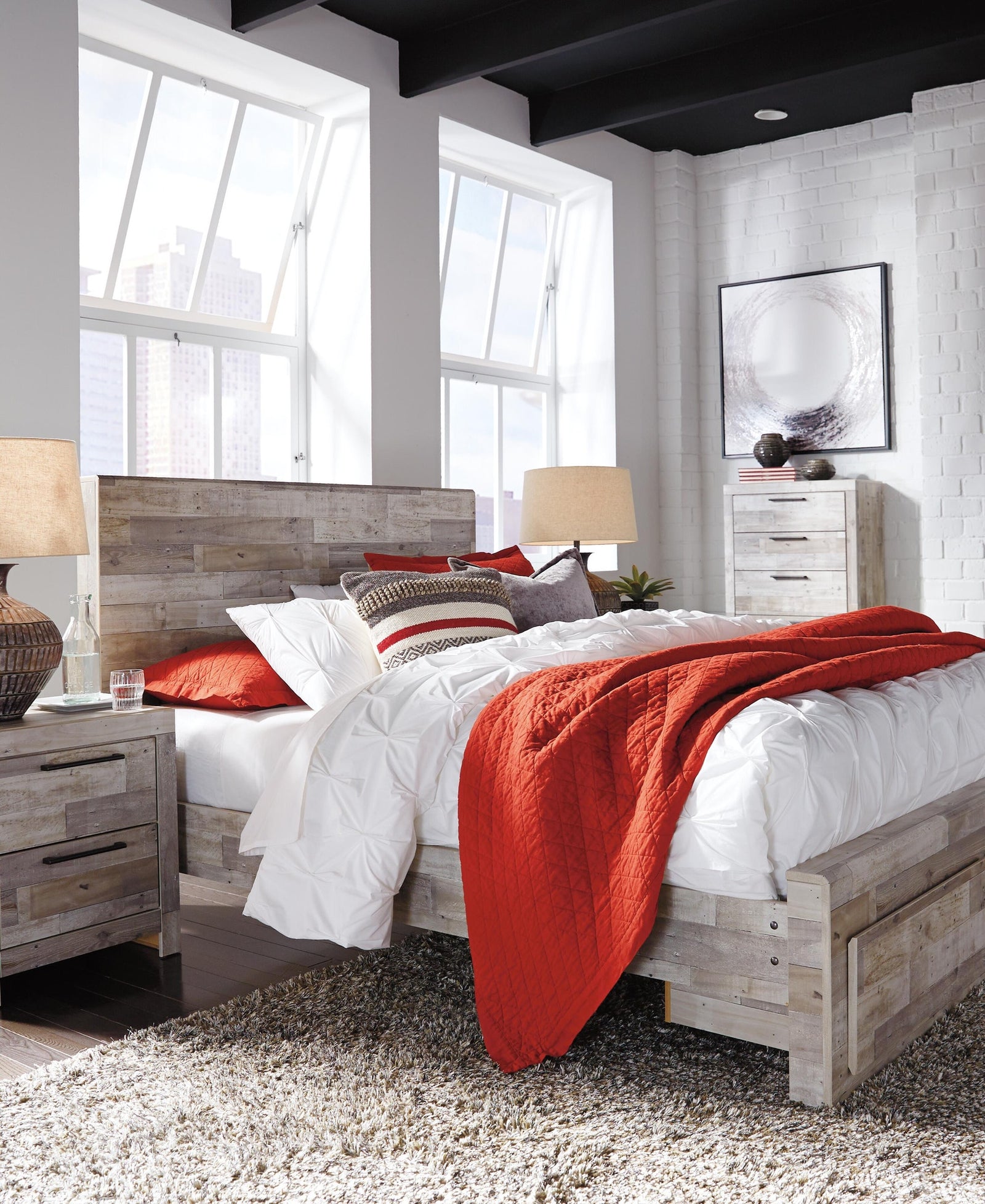 Effie Panel Bed with 2 Storage Drawers - Whitewash  (B255-SI) - Image 4