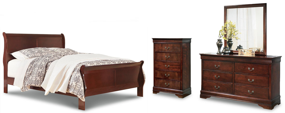 Alisdair Sleigh Bed, Dresser, Mirror, and Chest - Reddish Brown  (B376-SI)