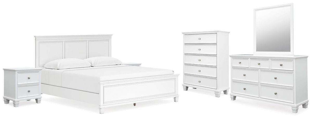 Fortman Panel Bed, Dresser, Mirror, Chest and 2 Nightstands - White  (B680-SI)