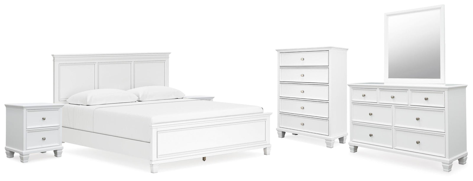 Fortman Panel Bed, Dresser, Mirror, Chest and 2 Nightstands - White  (B680-SI)