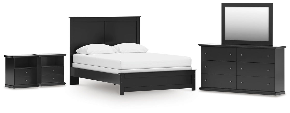 Maribel Panel Bed with Dresser, Mirror and 2 Nightstands - Black  (B138-SI)
