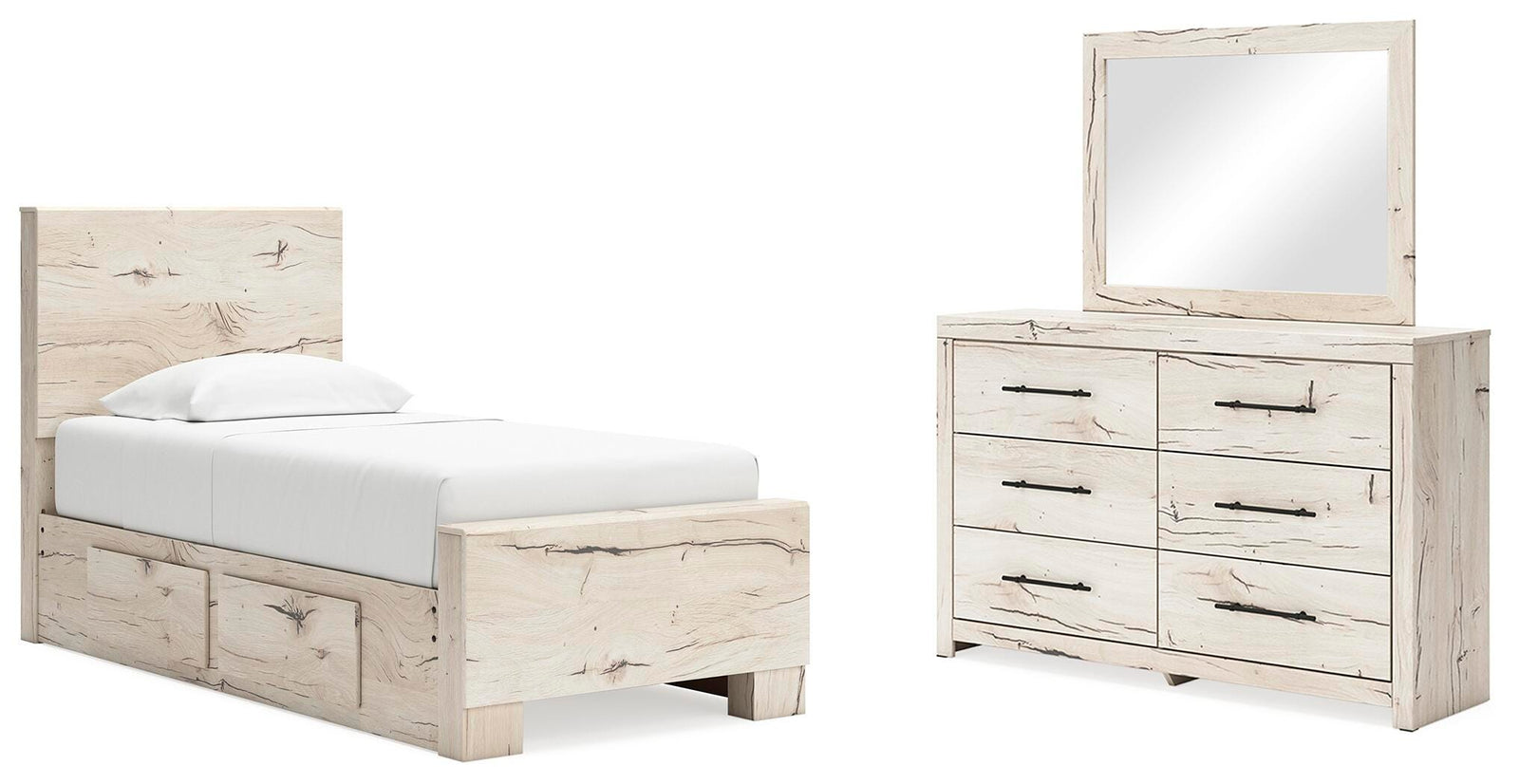 Lawroy Panel Bed with Storage, Dresser and Mirror - Light Natural  (B2310-SI)