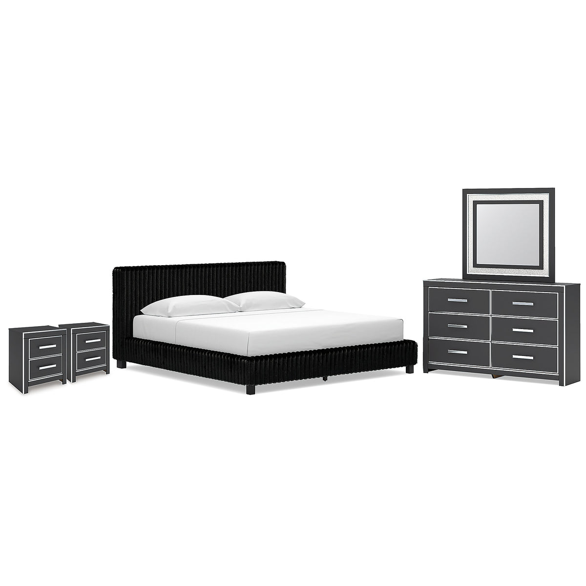 Zuraleus King Upholstered Bed, Dresser, Mirror and 2 Nightstands (PCB3380-SI)
