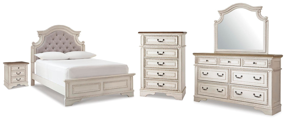 Realyn Upholstered Panel Bed, Dresser, Mirror, Chest and Nightstand (B743-SI)