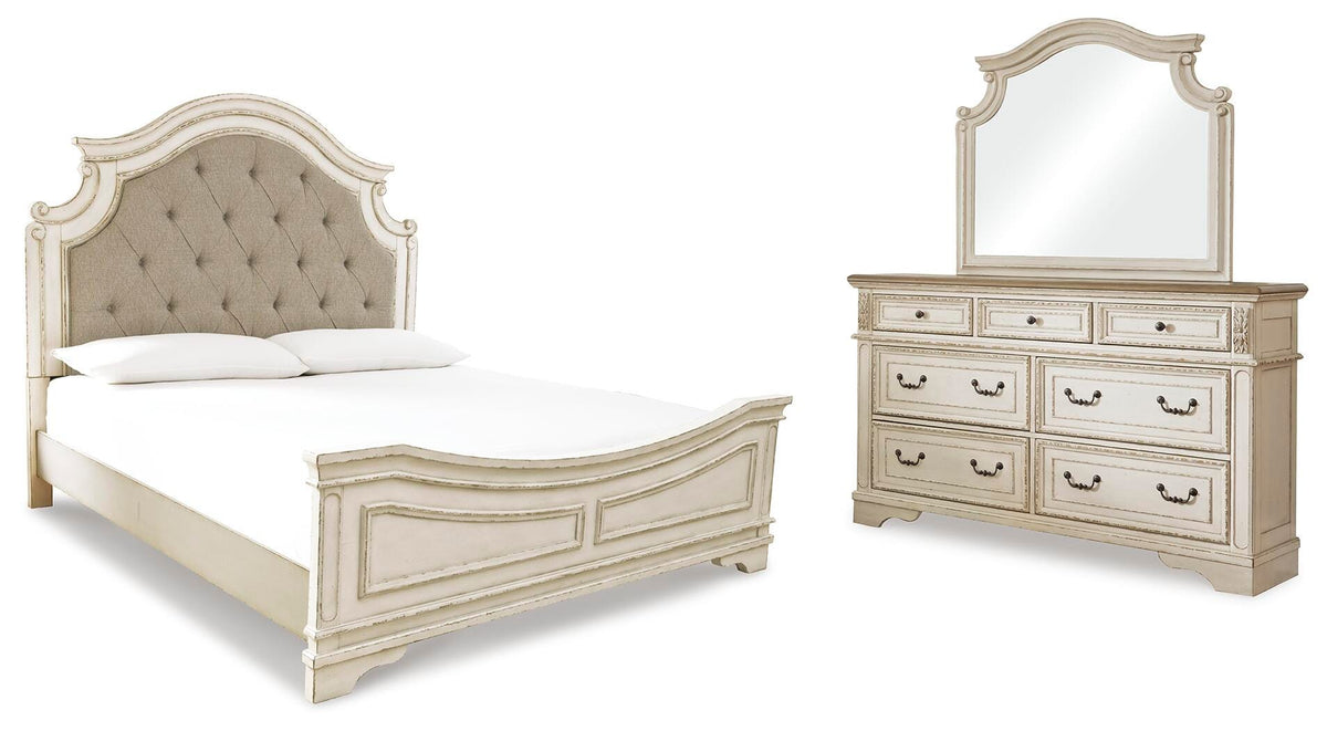 Realyn Upholstered Panel Bed, Dresser and Mirror - Two-tone  (B743-SI)