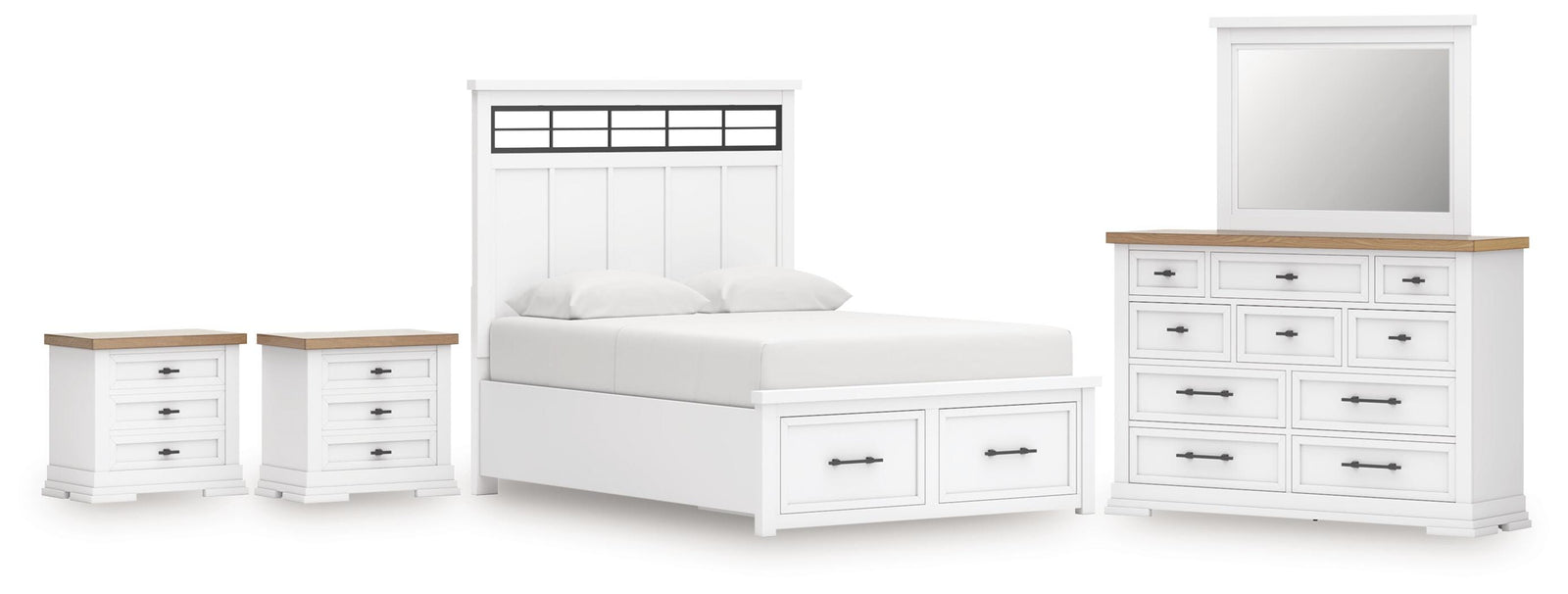 Ashbryn Panel Bed, Dresser, Mirror and 2 Nightstands - White/Natural  (B844-SI)