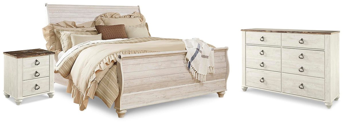 Willowton Sleigh Bed, Dresser and Nightstand - Whitewash  (B267-SI)