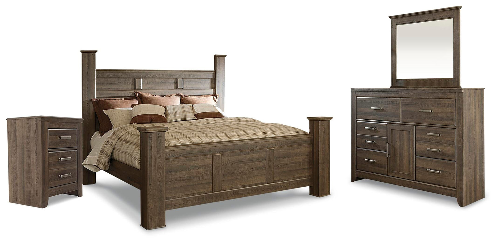 Juararo Poster Bed, Dresser, Mirror and Nightstand - Dark Brown  (B251-SI)