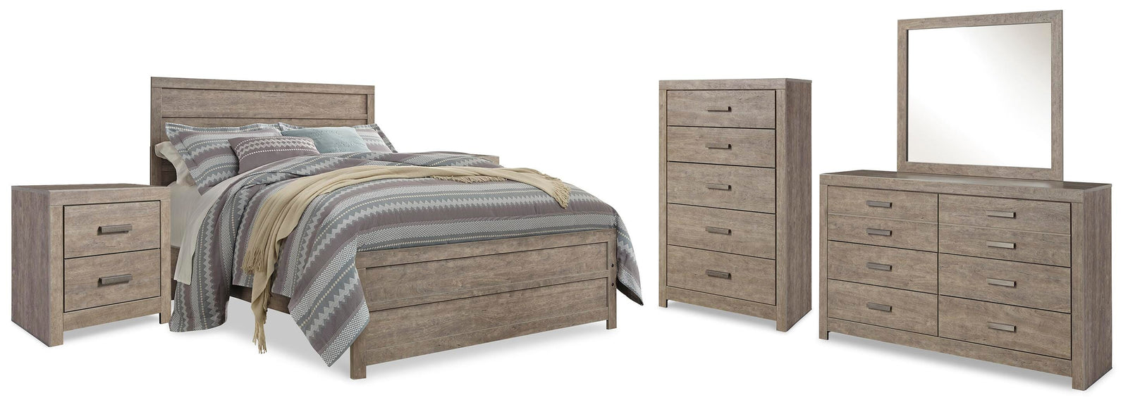 Culverbach Panel Bed, Dresser, Mirror, Chest and 2 Nightstands - Gray  (B070-SI)