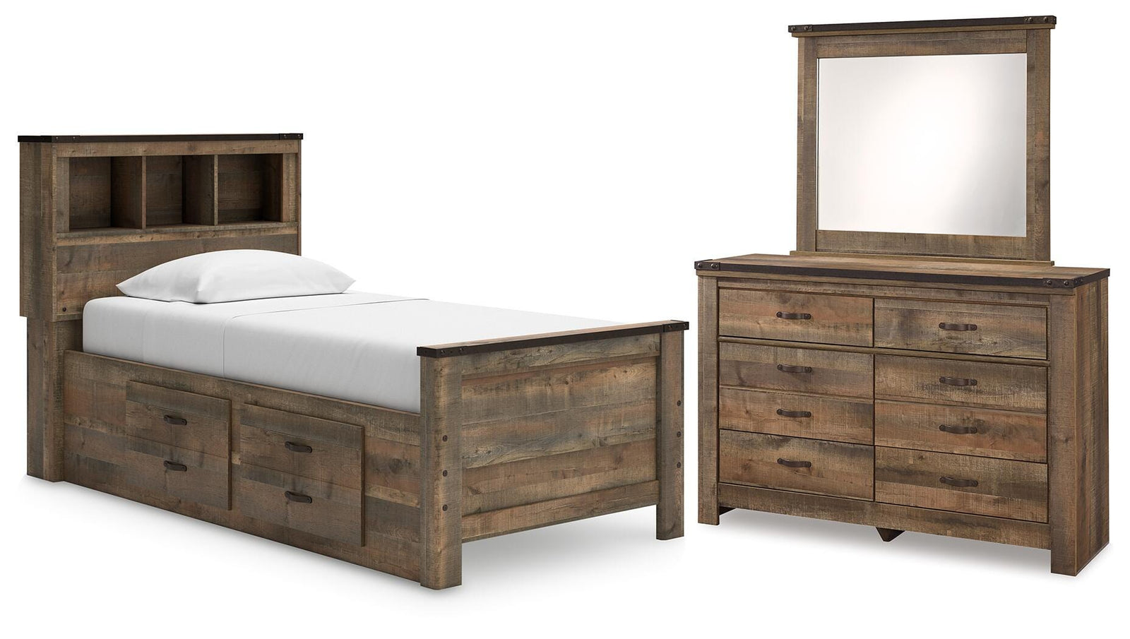 Trinell Bookcase Storage Bed, Dresser and Mirror - Brown  (B446-SI)