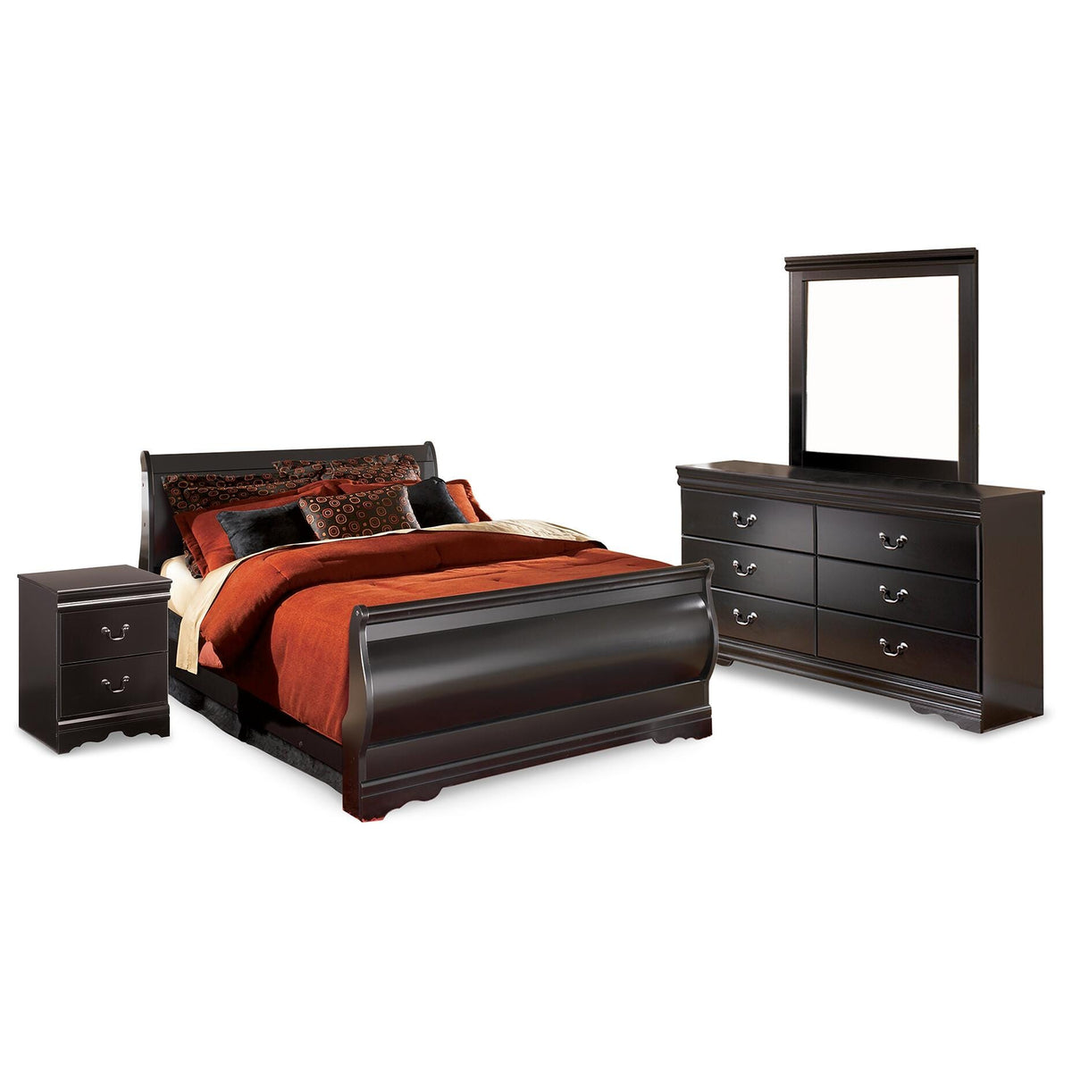 Huey Vineyard Sleigh Bed, Dresser, Mirror and Nightstand - Black  (B128-SI)