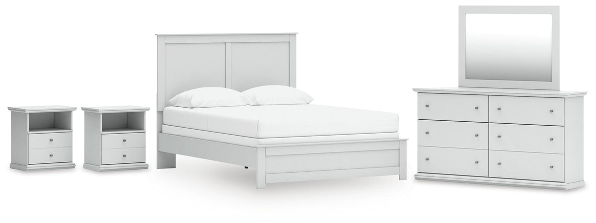 Bostwick Shoals Panel Bed, Dresser, Mirror and 2 Nightstands - White  (B139-SI)
