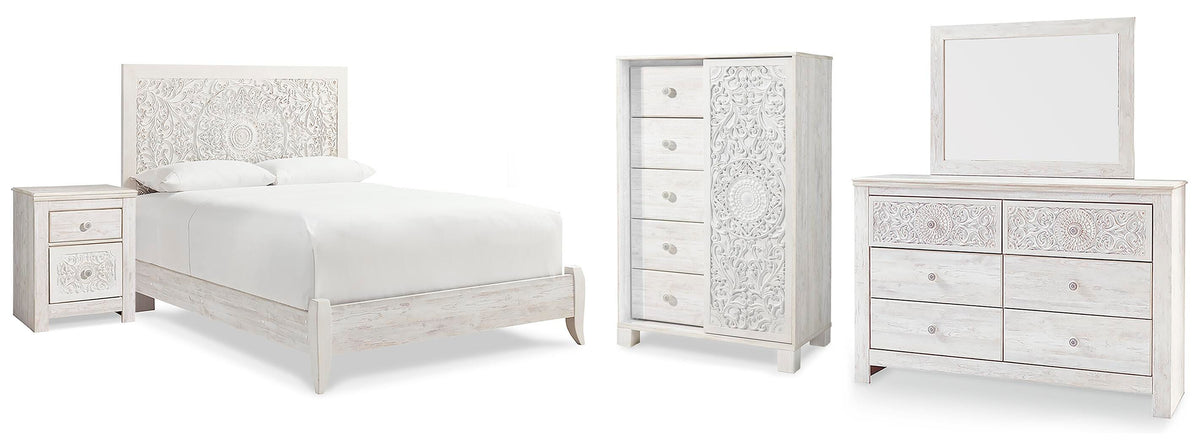 Paxberry Panel Bed, Dresser, Mirror, Chest and Nightstand - Whitewash  (B181-SI)