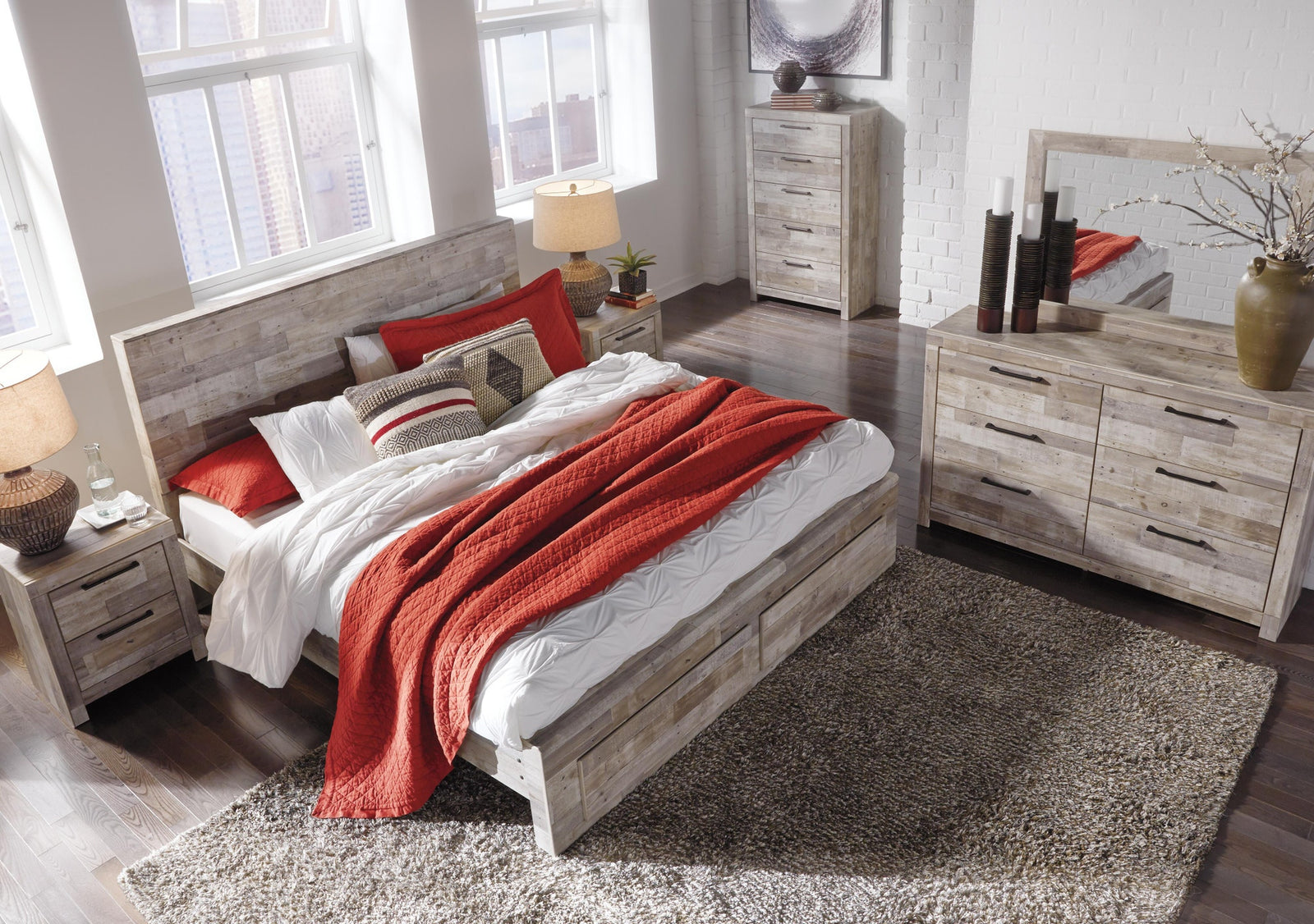 Effie Panel Bed with 2 Storage Drawers - Whitewash  (B255-SI) - Image 4