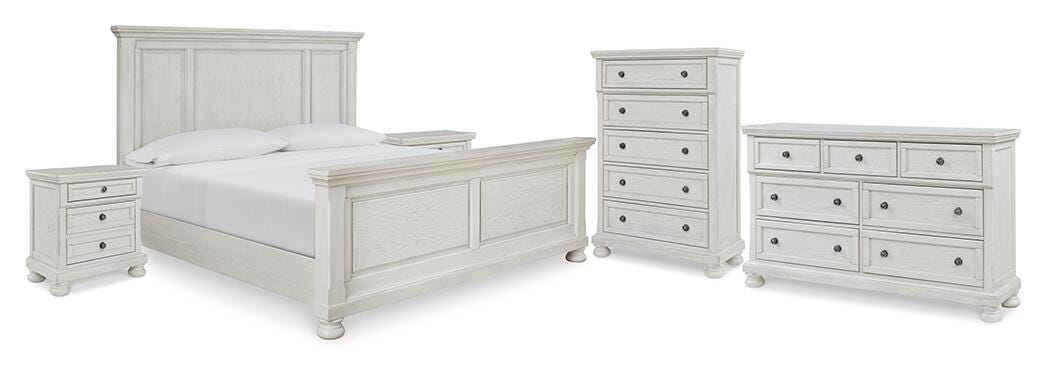 Robbinsdale Panel Bed, Dresser, Chest and 2 Nightstands - Antique White  (B742-SI)