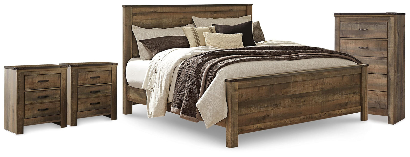 Trinell Panel Bed, Chest and 2 Nightstands - Brown  (B446-SI)