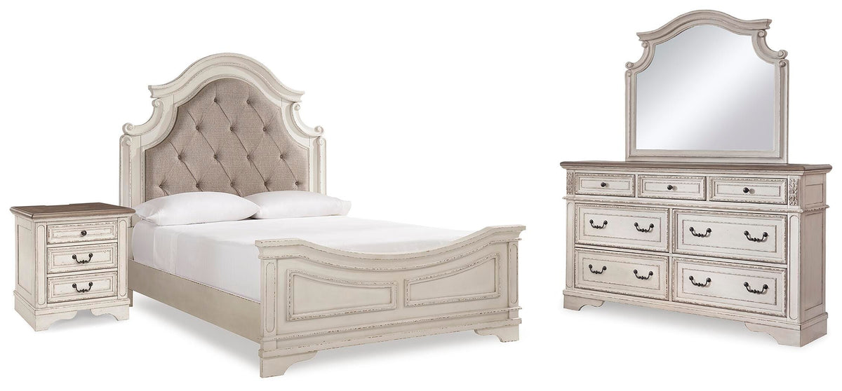 Realyn Bed with Mirrored Dresser and Nightstand - Chipped White  (B743-SI)