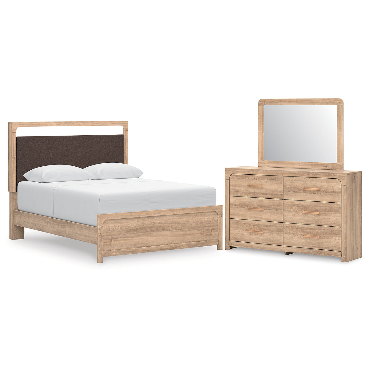 Kinlanni Queen Upholstered Panel Bed, Dresser and Mirror (PCB1360-SI)