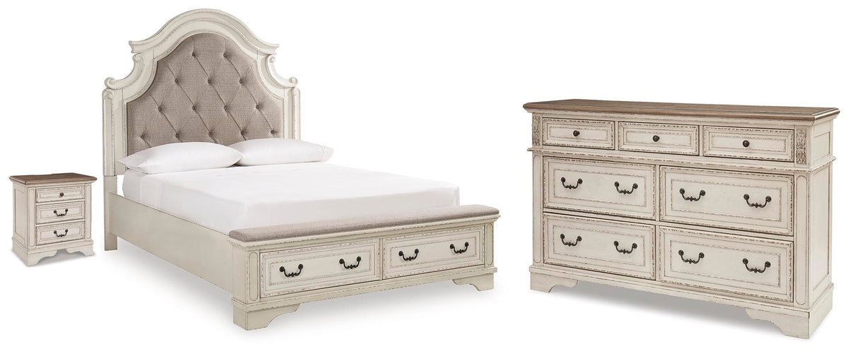 Realyn Upholstered Storage Bed, Dresser and Nightstand (B743-SI)