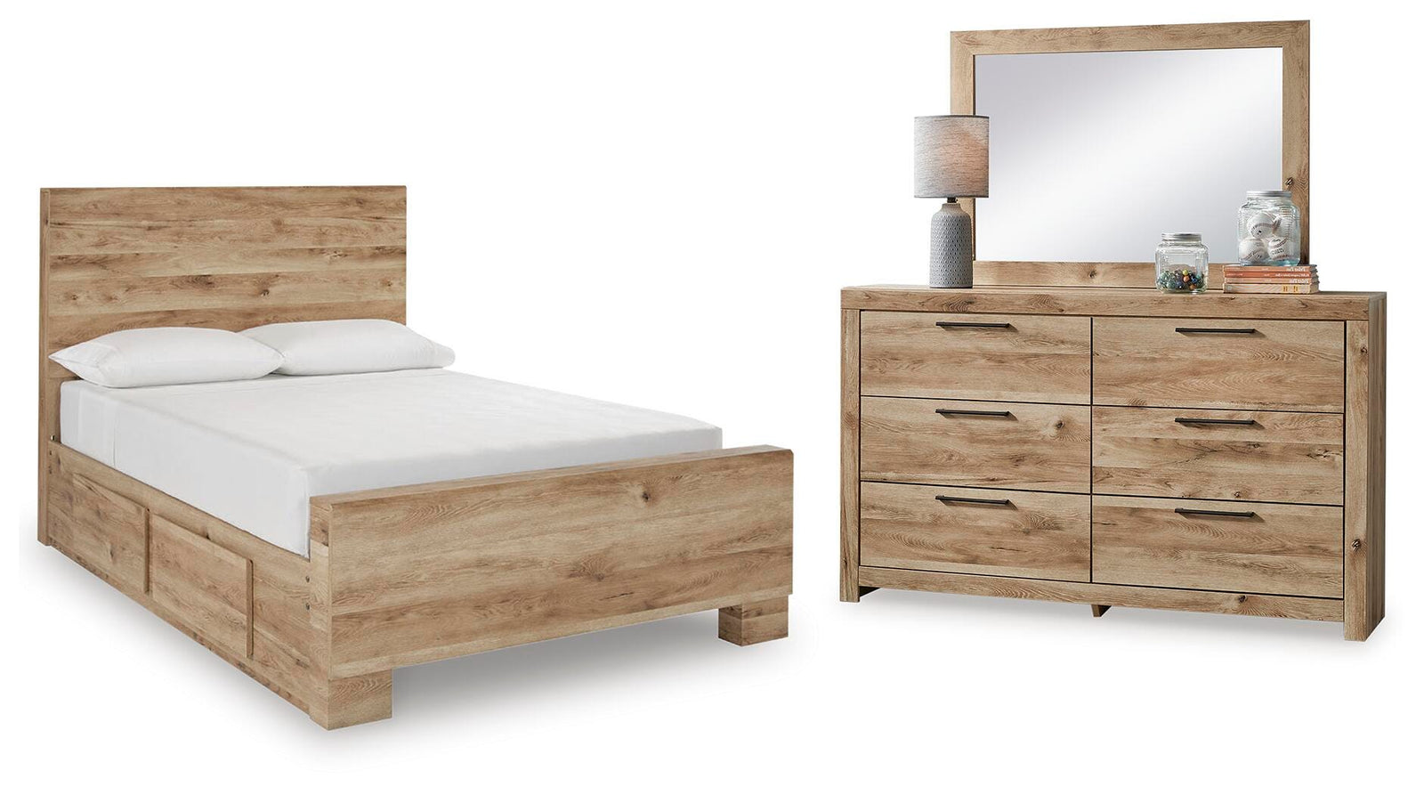 Hyanna Panel Bed with 2 Side Storage, Dresser and Mirror - Tan Brown  (B1050-SI)