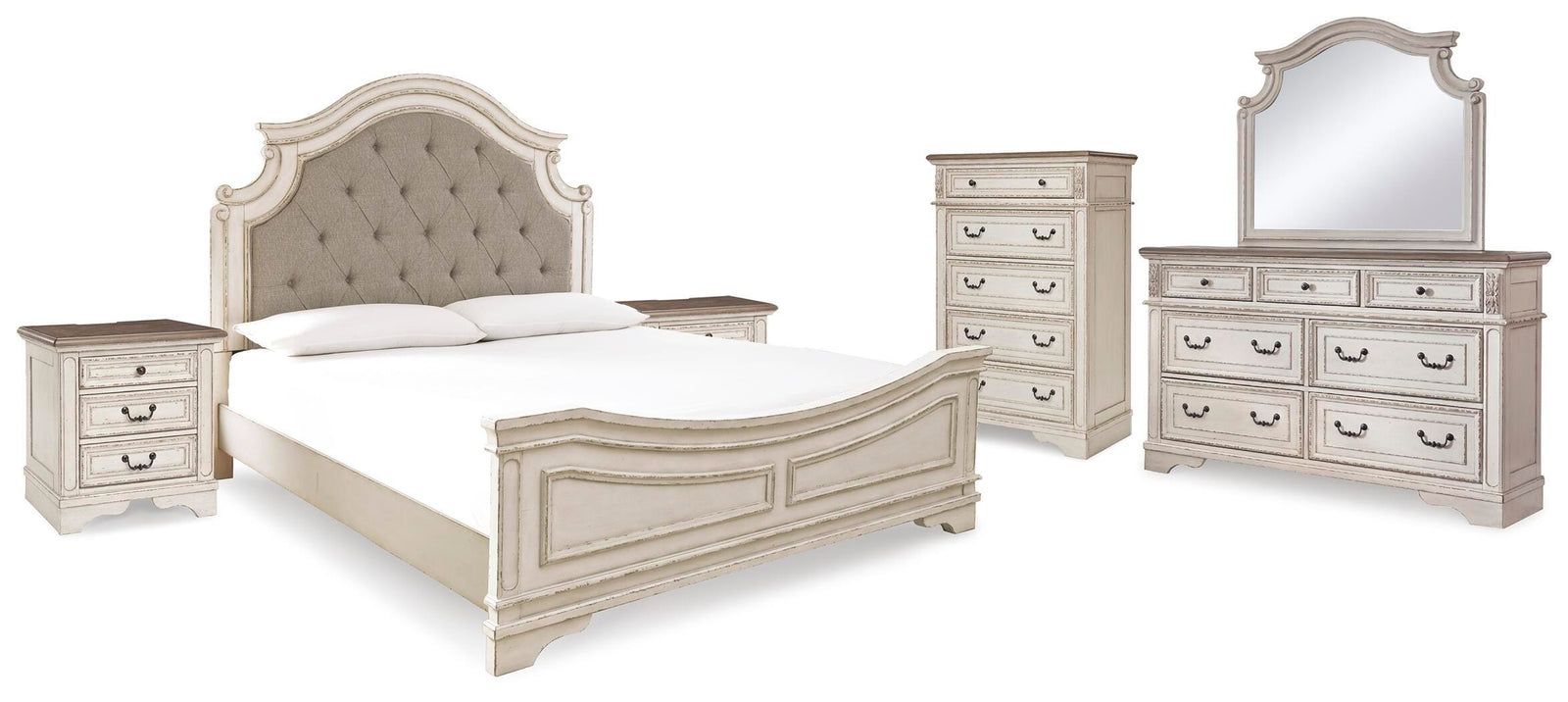 Realyn Panel Bed, Dresser, Mirror, Chest and 2 Nightstands - Two-tone  (B743-SI)
