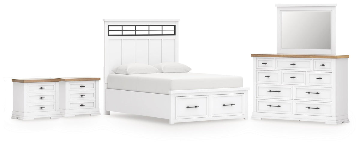 Ashbryn Panel Storage Bed, Dresser, Mirror and 2 Nightstands - White/Natural  (B844-SI)