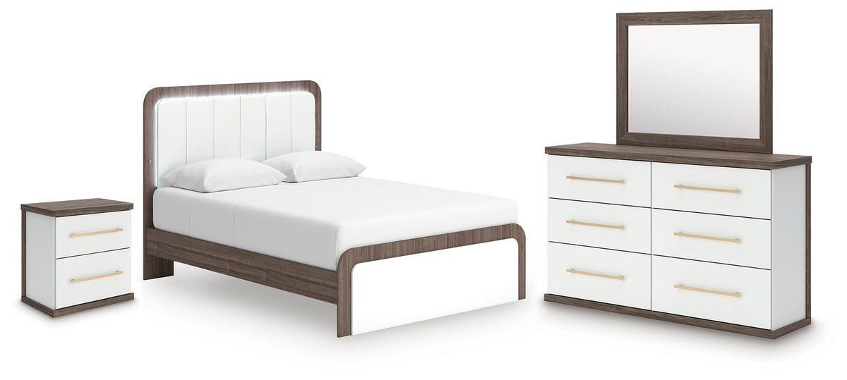 Kendanport Queen Upholstered Bed, Dresser, Mirror and Nightstand (PCB1108-SI)