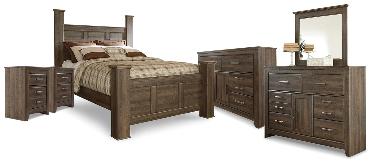 Juararo Poster Bed, 2 Dressers, Mirror and 2 Nightstands - Dark Brown  (B251-SI)