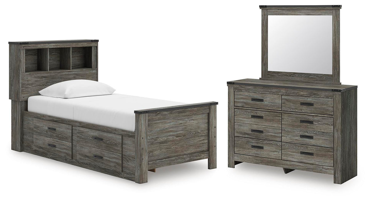 Frandern Bookcase Bed with Storage, Dresser and Mirror (B4480-SI)