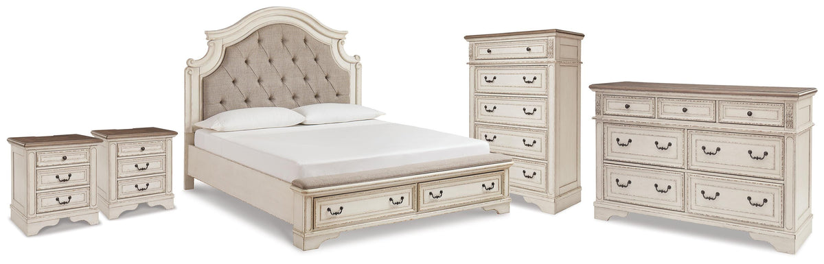 Realyn Storage Bed, Dresser, Chest and 2 Nightstands - Two-tone  (B743-SI)