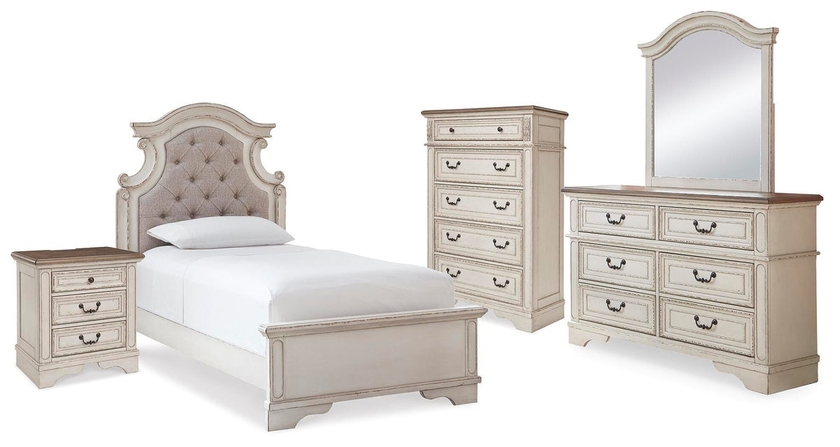 Realyn Panel Bed, Dresser, Mirror, Chest and Nightstand - Two-tone  (B743-SI)