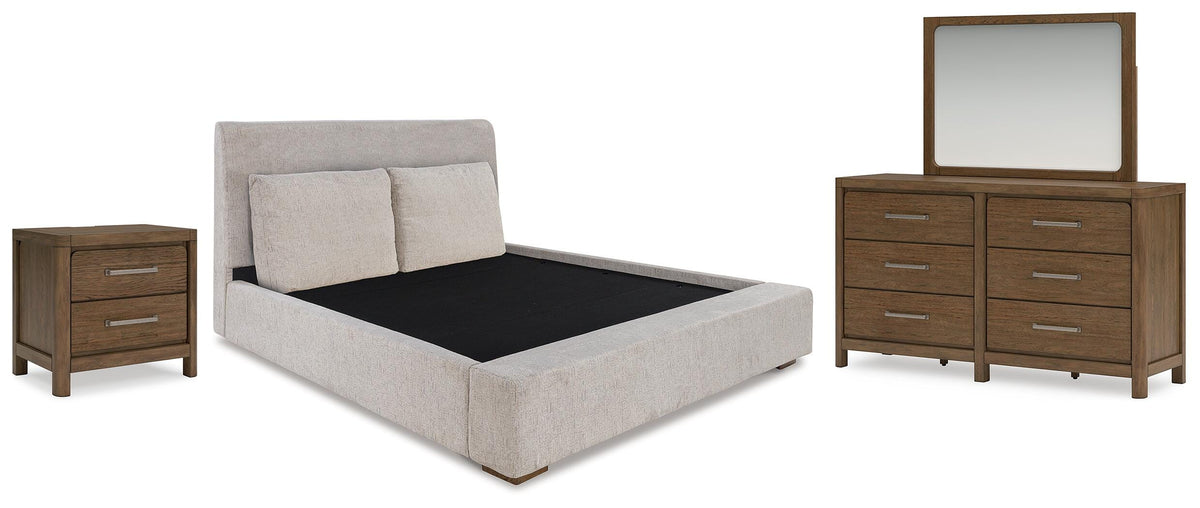 Cabalynn Upholstered Bed, Dresser, Mirror and Nightstand - Light Brown  (B974-SI)