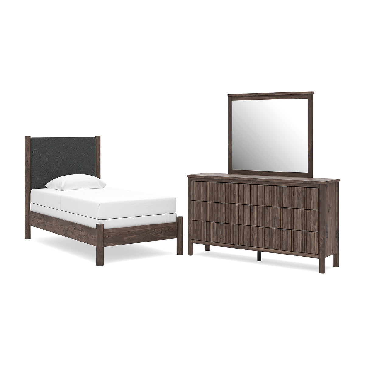 Pamytta Twin Upholstered Panel Bed, Dresser and Mirror (PCB2614-SI)