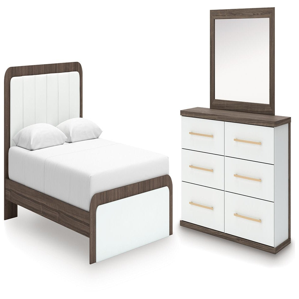 Kendanport Queen Upholstered Platform Bed, Dresser and Mirror (PCB1108-SI)