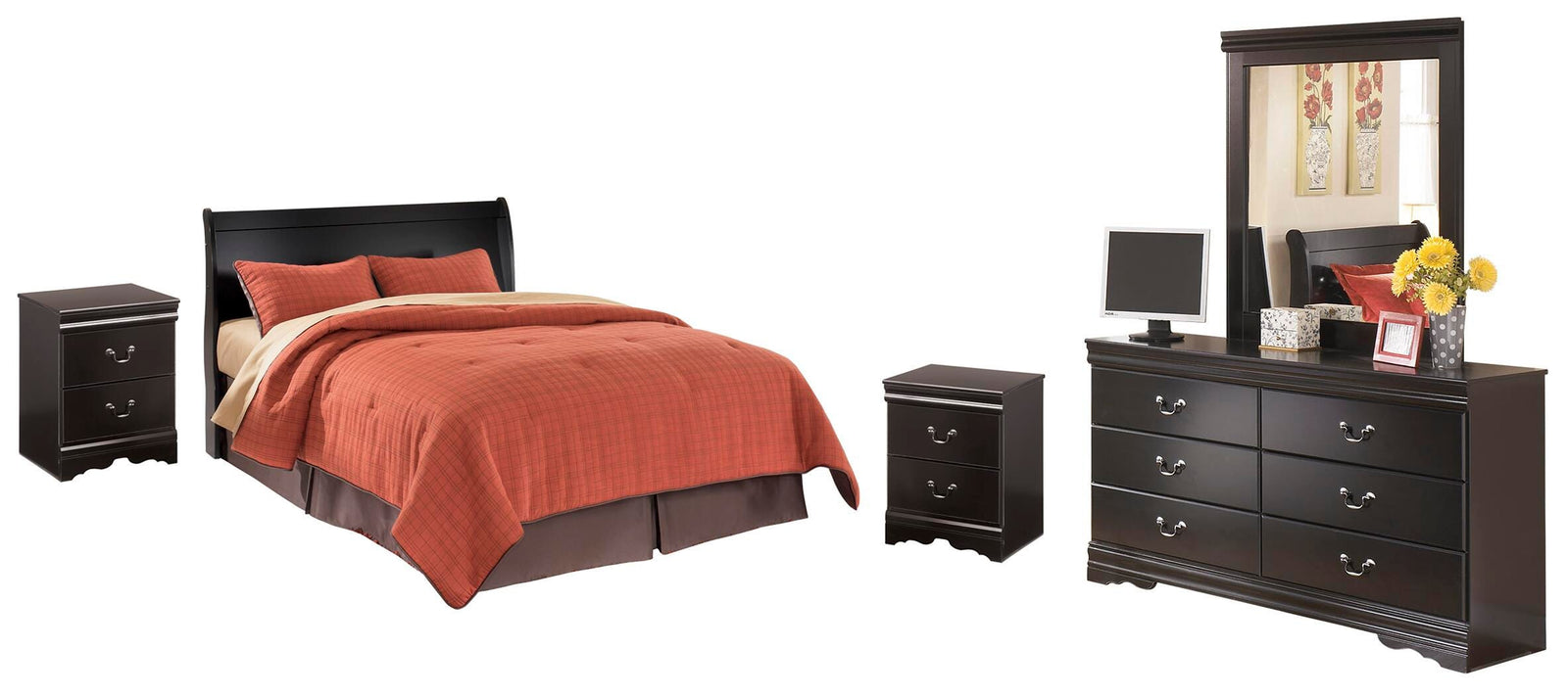 Huey Vineyard Sleigh Headboard with Dresser, Mirror and 2 Nightstands - Black  (B128-SI)